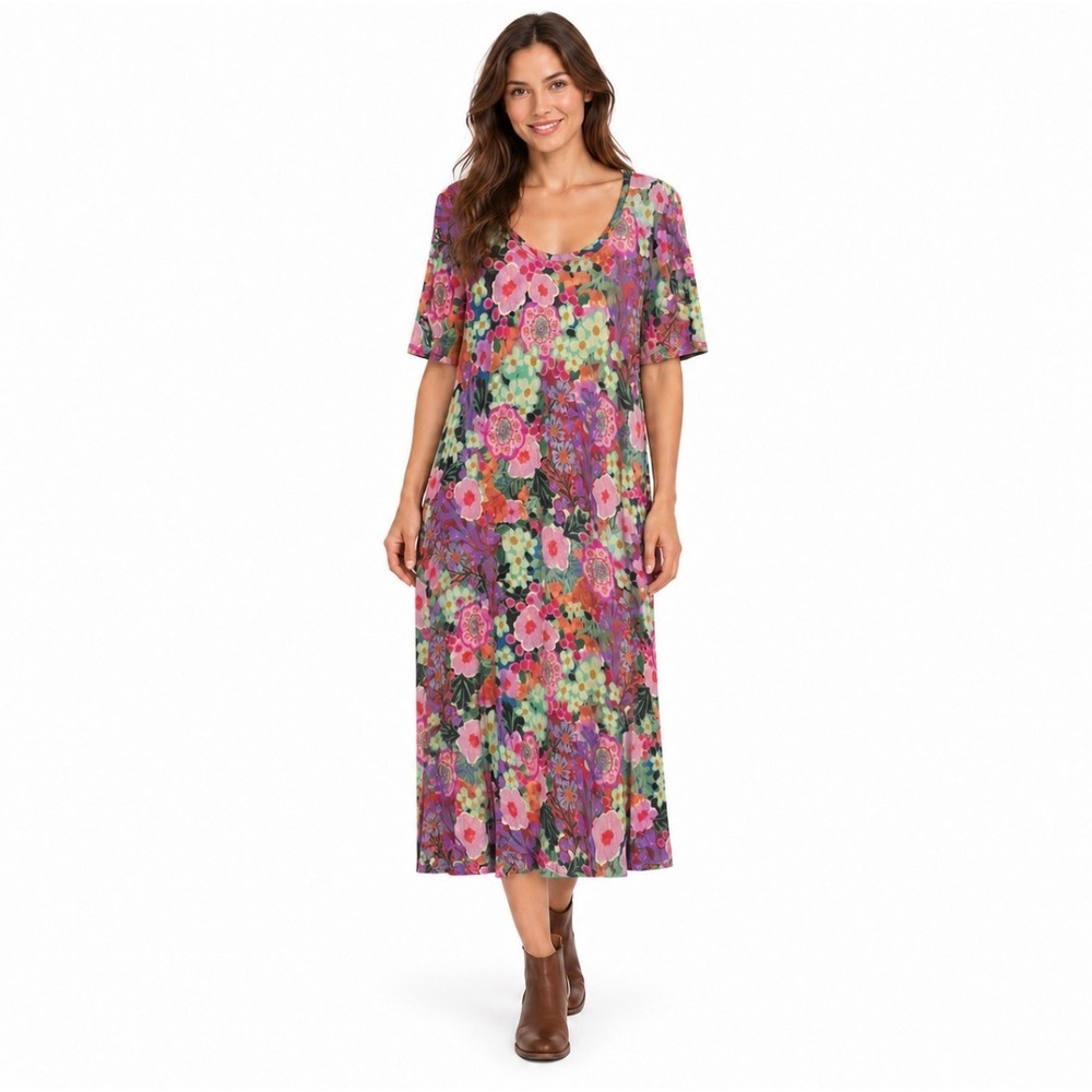 Natural Life Floral Midi Dress Small Short Sleeve Scoop Neck Multi Color Boho